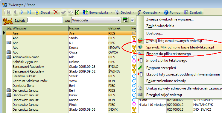 Sprawdzenie microchipu - Kartoteka zwierząt