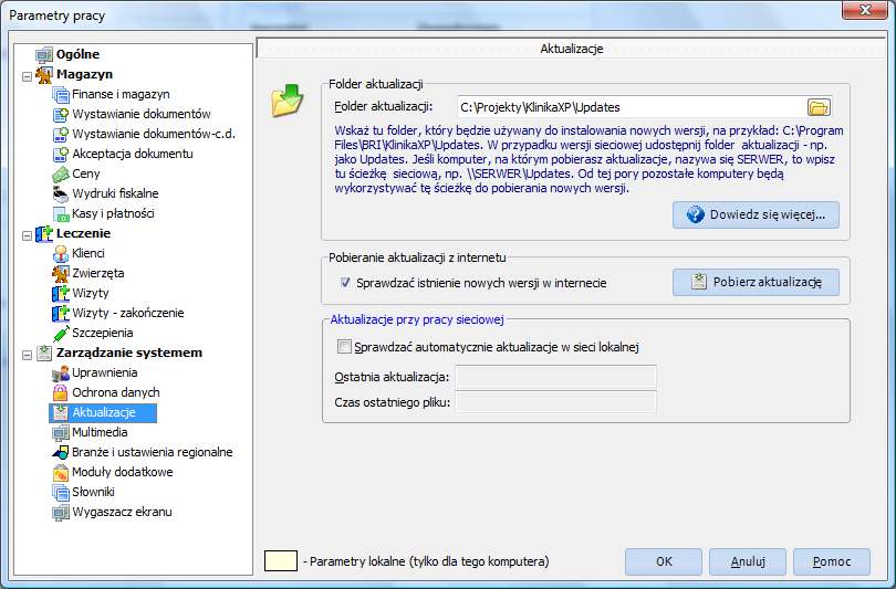 Parametry aktualizacji na serwerze